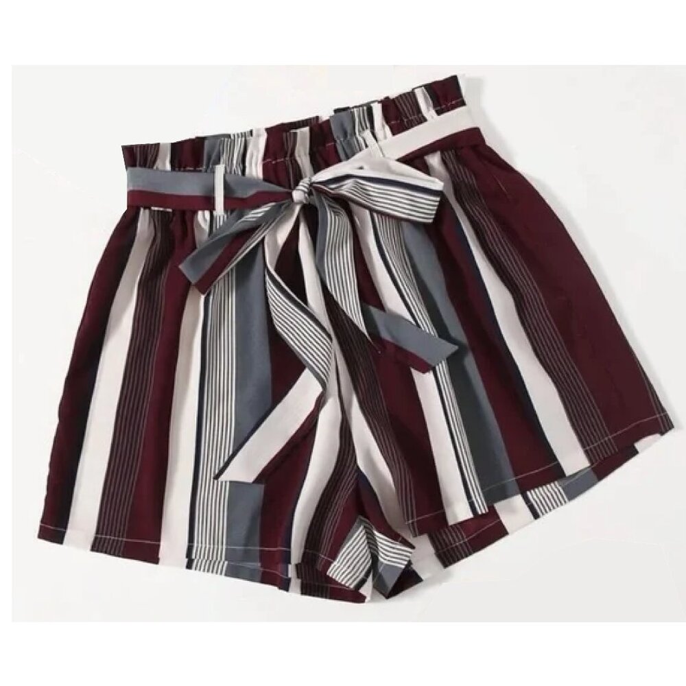 High Waisted Striped Belted Paperboy Stretchy Lightweight Shorts